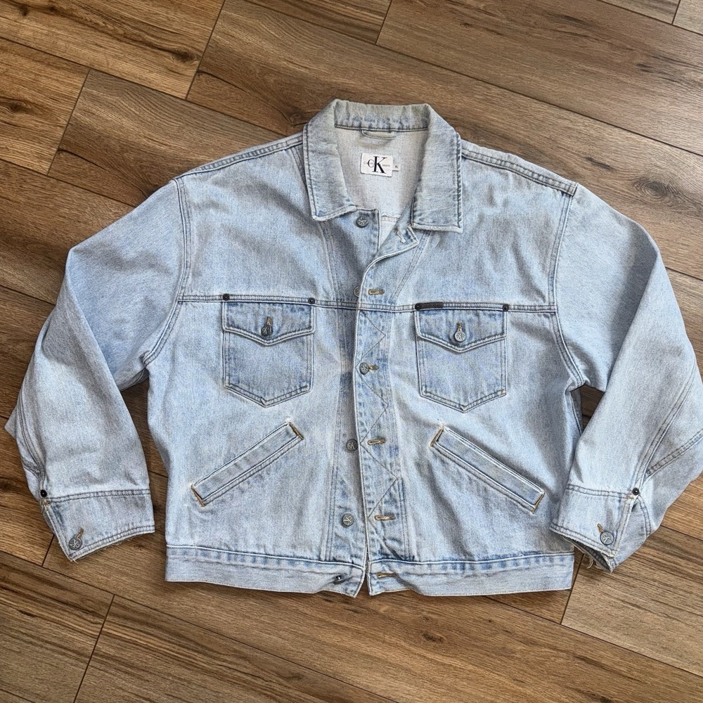 VTG 90s Calvin Klein CK Denim Trucker Jean Jacket Mens XL Light Blue USA Made